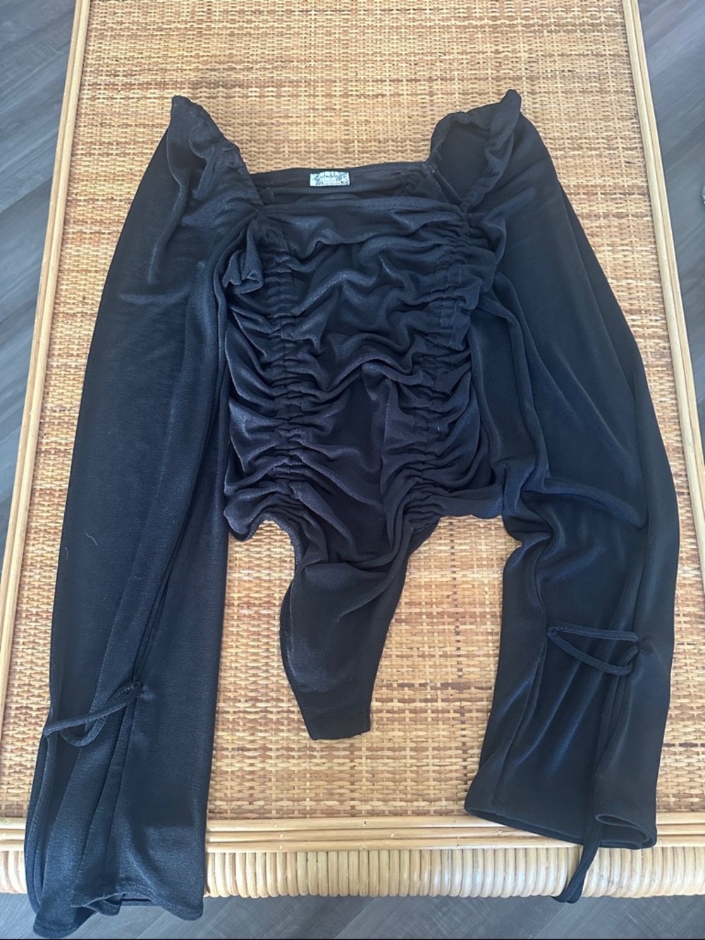 Free People Black Ruched Long-Sleeve Square-Neck Bodysuit